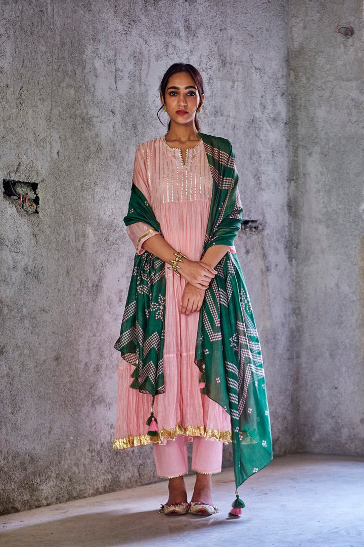 BABY PINK CHANDERI WITH GOTA DETAILING PADMANI ANARKALI WITH PANT AND DUPATTA