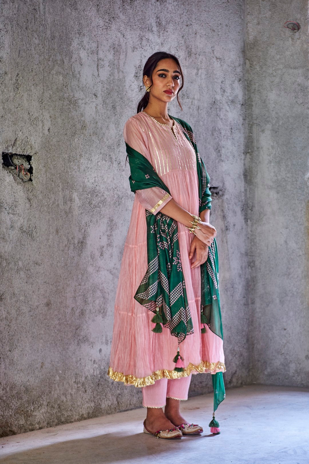 BABY PINK CHANDERI WITH GOTA DETAILING PADMANI ANARKALI WITH PANT AND DUPATTA