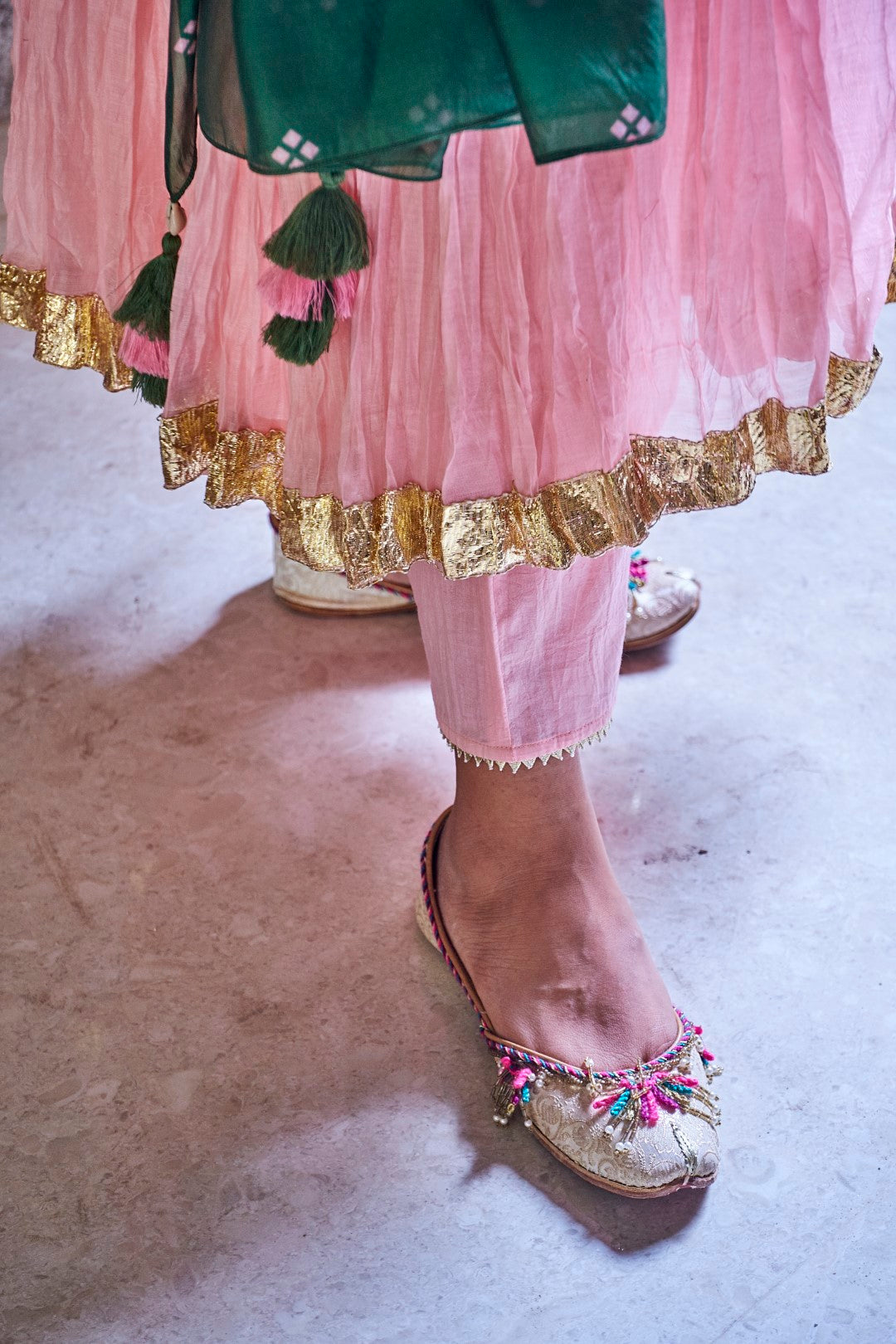 BABY PINK CHANDERI WITH GOTA DETAILING PADMANI ANARKALI WITH PANT AND DUPATTA