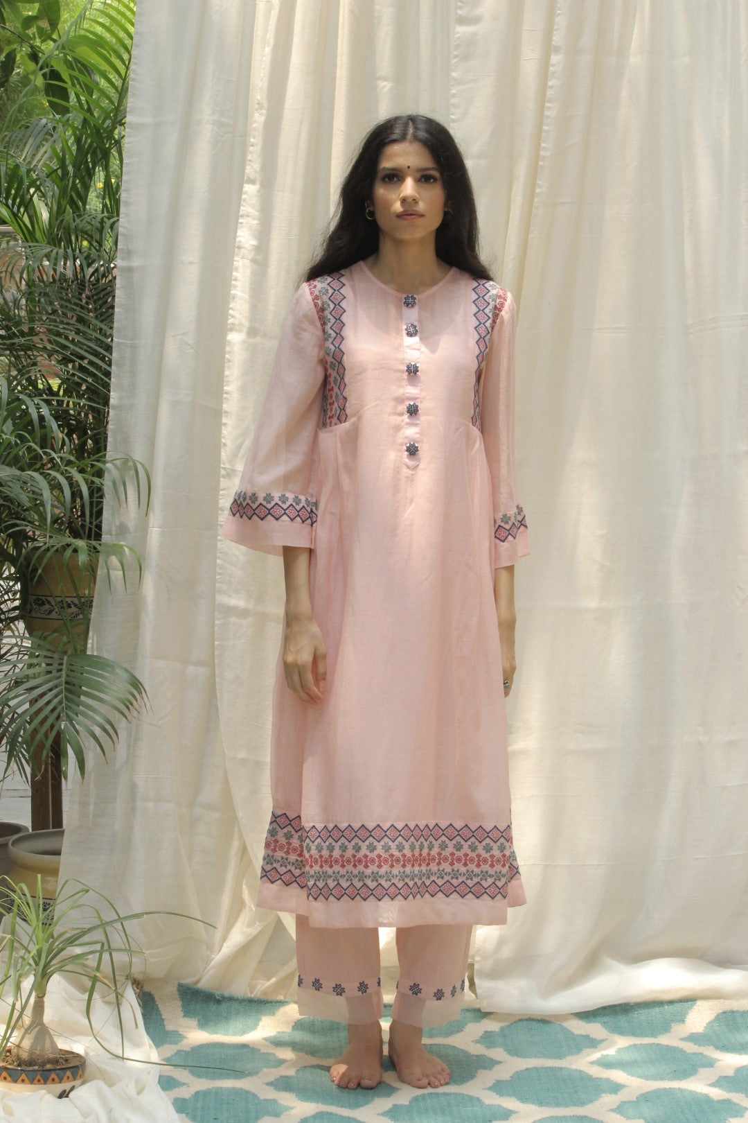 BABY PINK CHANDERI AZTEC EMBROIDERED SIDE PLEAT DRESS WITH EMBROIDERED KURTA AND PANTS SET OF 3