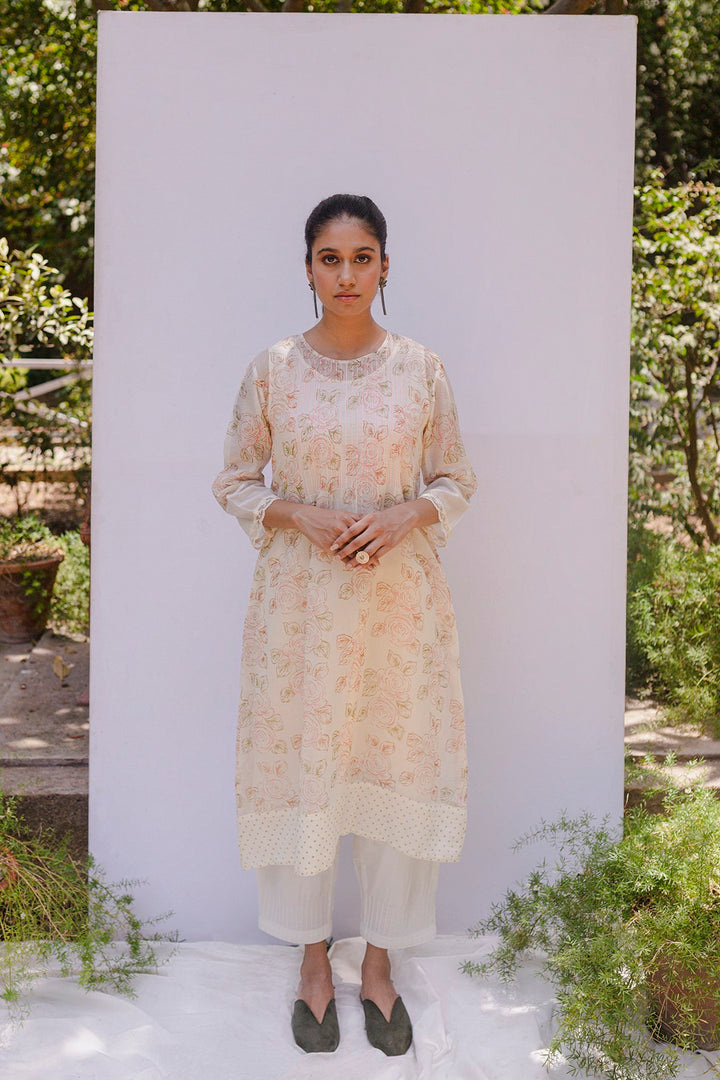 IVORY CHANDERI BLOCK PRINTED FLORAL FINE PINK ROSE JAAL KURTA WITH COTTON PINTUCK PANTS