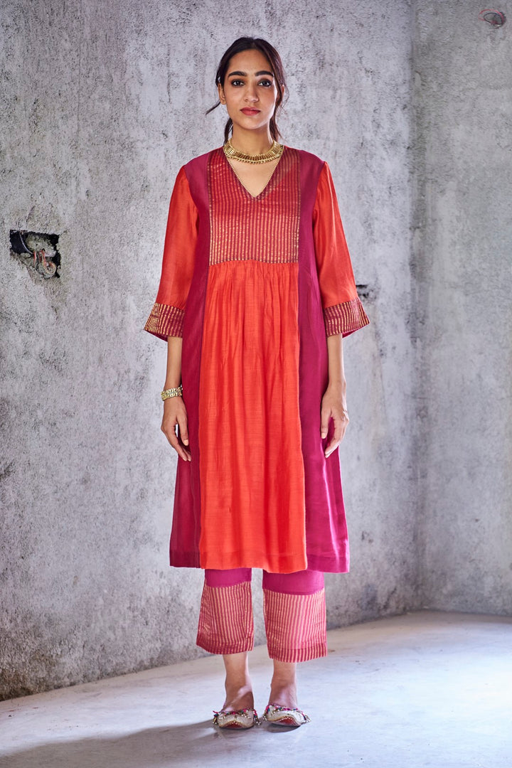 RED SILK CHANDERI ZARI STRIPE UMA KURTA WITH PANT AND GOLD FRINGE GOTA BORDER DUPATTA