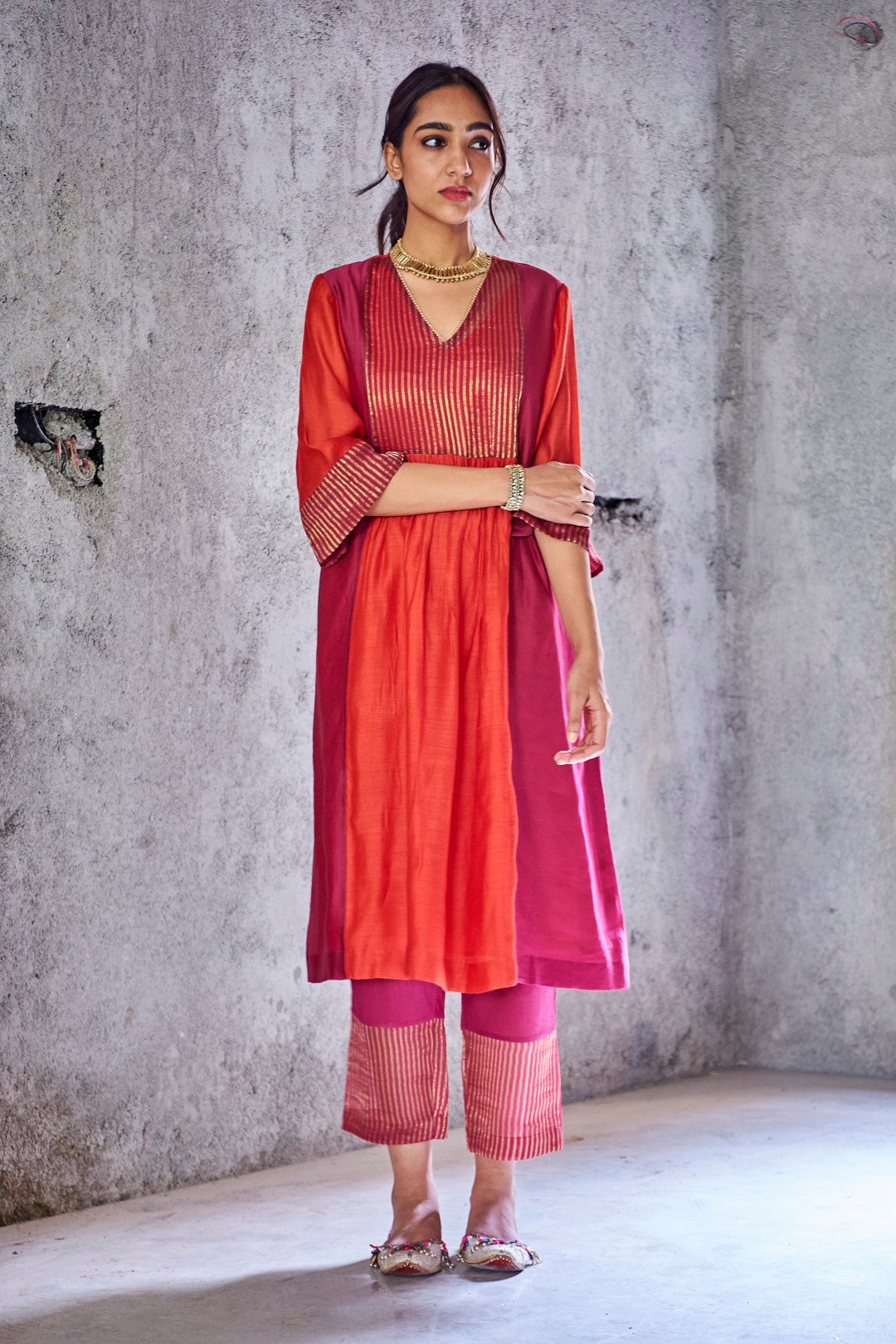 UMA-RED SILK CHANDERI ZARI STRIPE KURTA SET