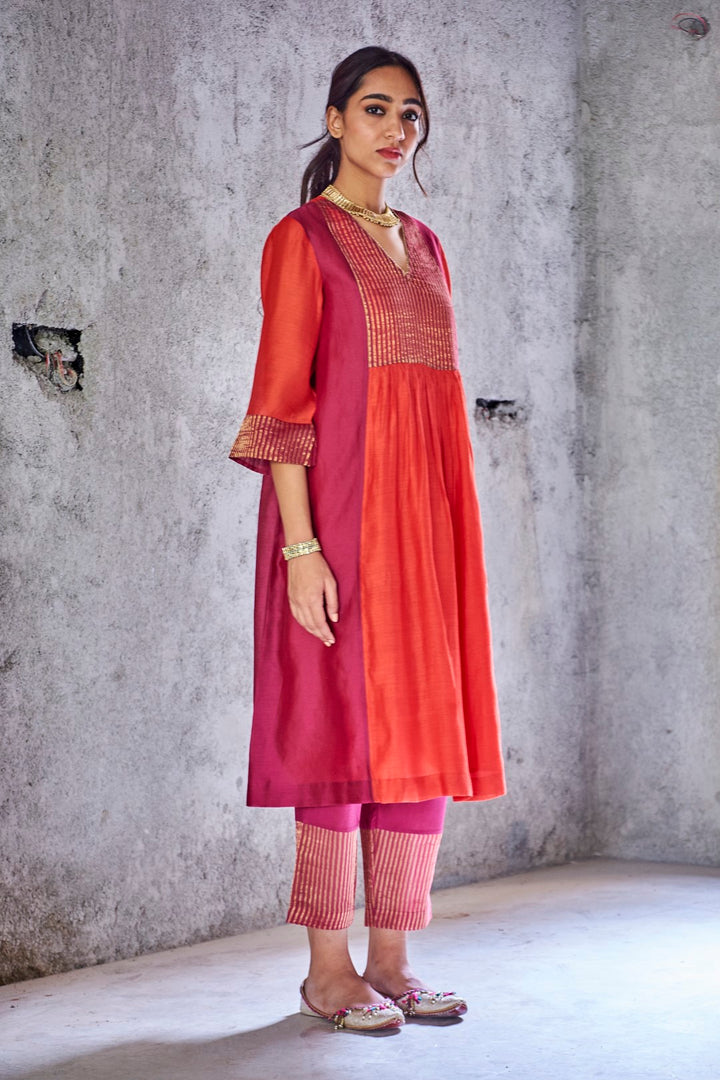 RED SILK CHANDERI ZARI STRIPE UMA KURTA WITH PANT AND GOLD FRINGE GOTA BORDER DUPATTA