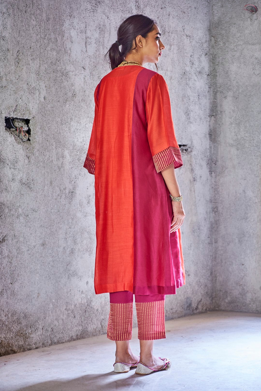 RED SILK CHANDERI ZARI STRIPE UMA KURTA WITH PANT AND GOLD FRINGE GOTA BORDER DUPATTA