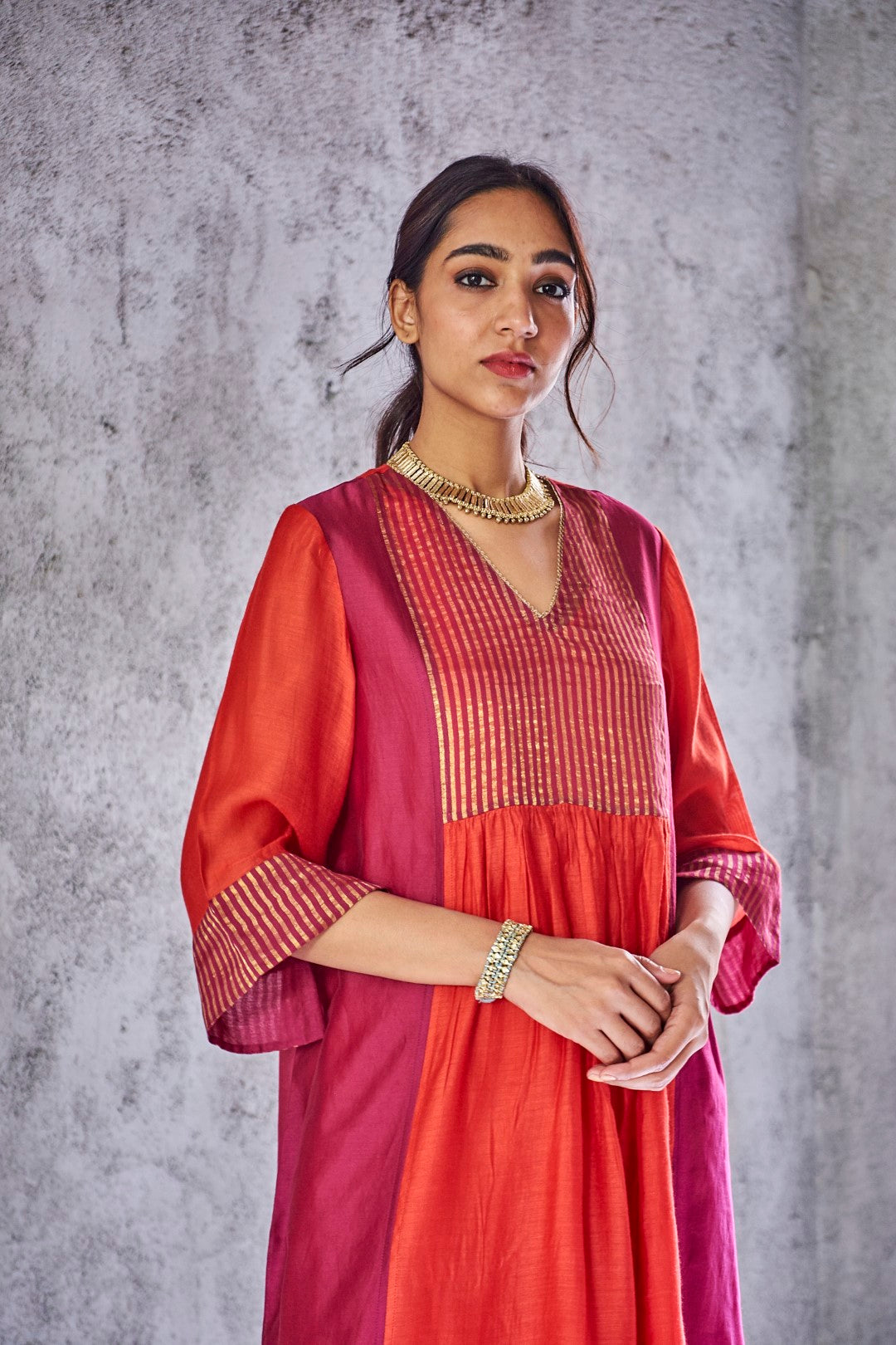 RED SILK CHANDERI ZARI STRIPE UMA KURTA WITH PANT AND GOLD FRINGE GOTA BORDER DUPATTA