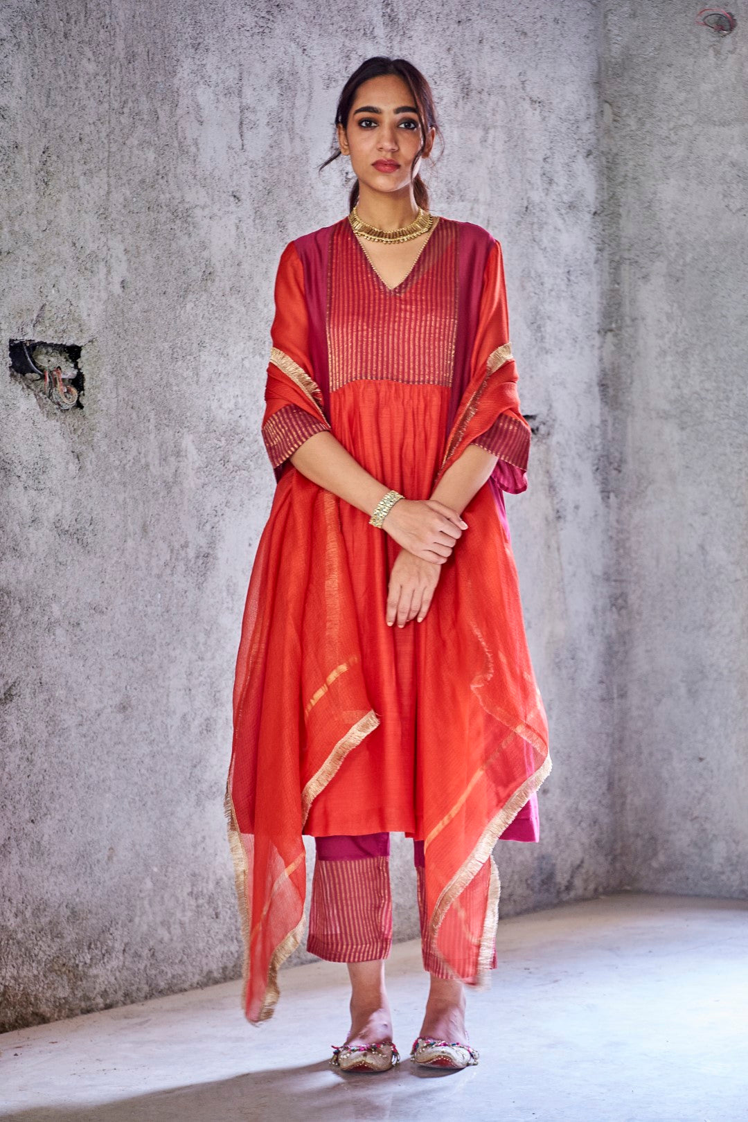 UMA-RED SILK CHANDERI ZARI STRIPE KURTA SET