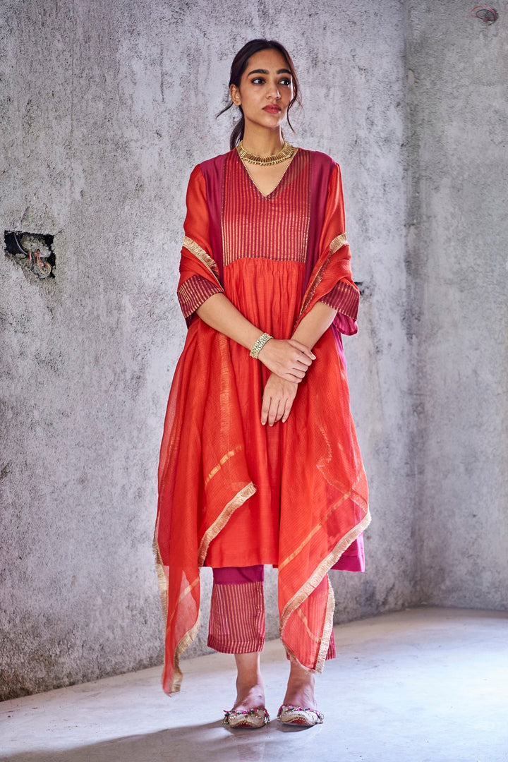 UMA-RED SILK CHANDERI ZARI STRIPE KURTA SET