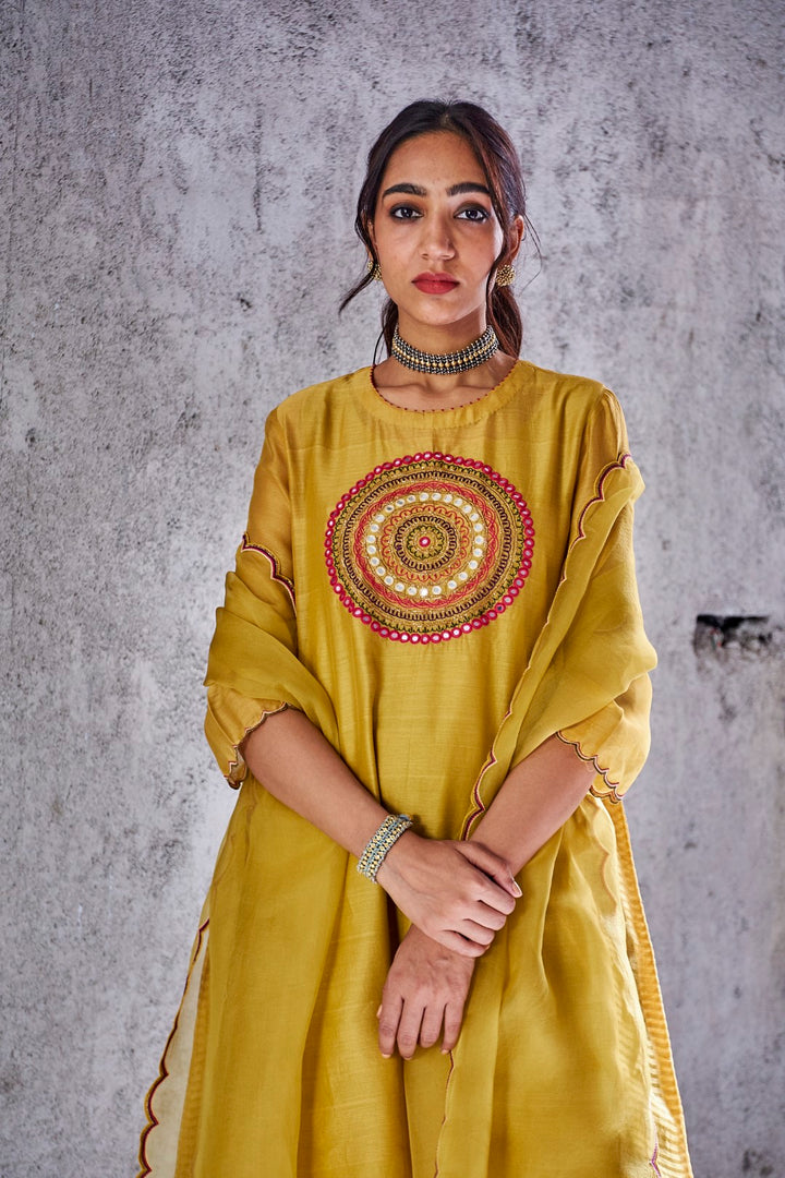 YELLOW MUSTARD HANDWOVEN CHANDERI EMBROIDERED PAVITRA KURTA WITH PANTS AND DUPATTA