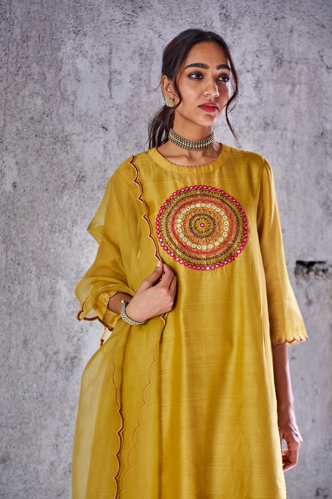 YELLOW MUSTARD ORGANZA SILK SCALLOP DUPATTA – SHIVANI BHARGAVA