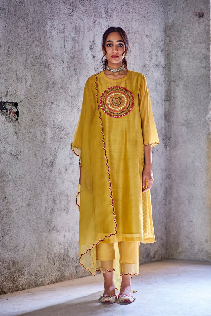 YELLOW MUSTARD HANDWOVEN CHANDERI EMBROIDERED PAVITRA KURTA WITH PANTS AND DUPATTA