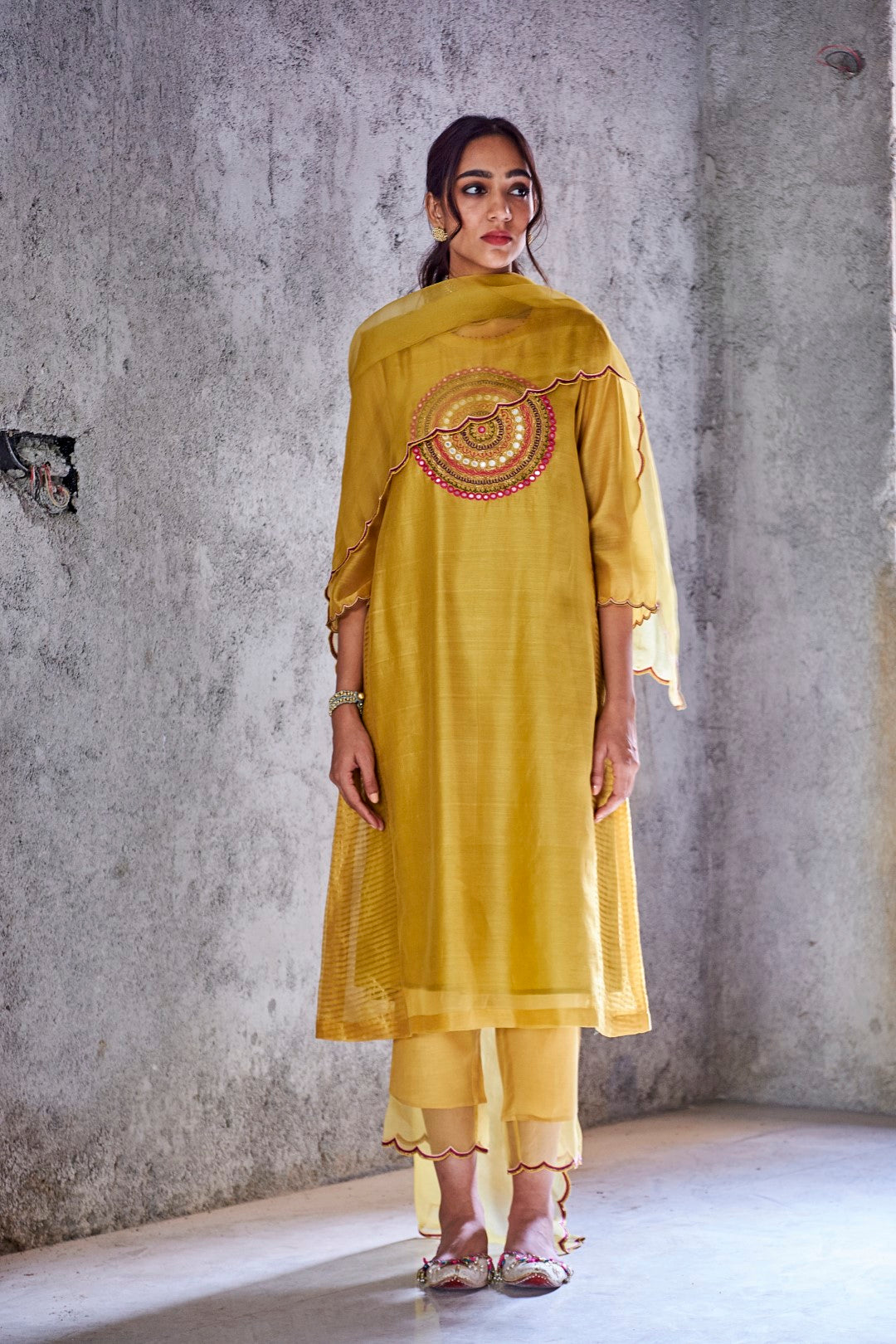 YELLOW MUSTARD ORGANZA SILK SCALLOP DUPATTA