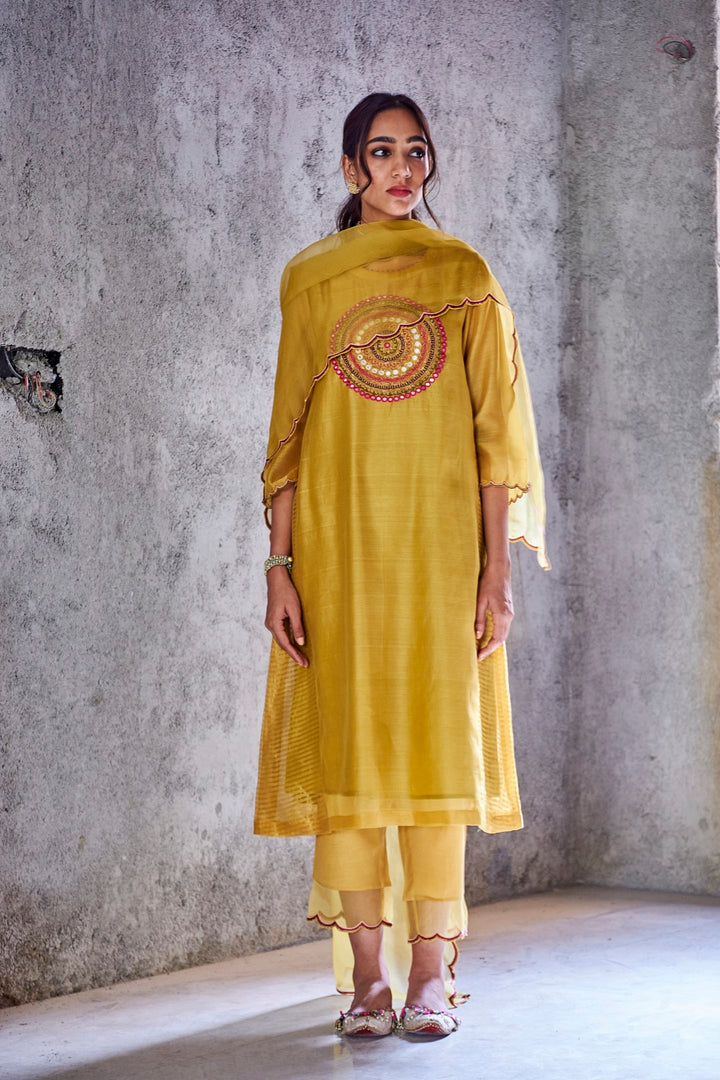 YELLOW MUSTARD HANDWOVEN CHANDERI EMBROIDERED PAVITRA KURTA WITH PANTS AND DUPATTA