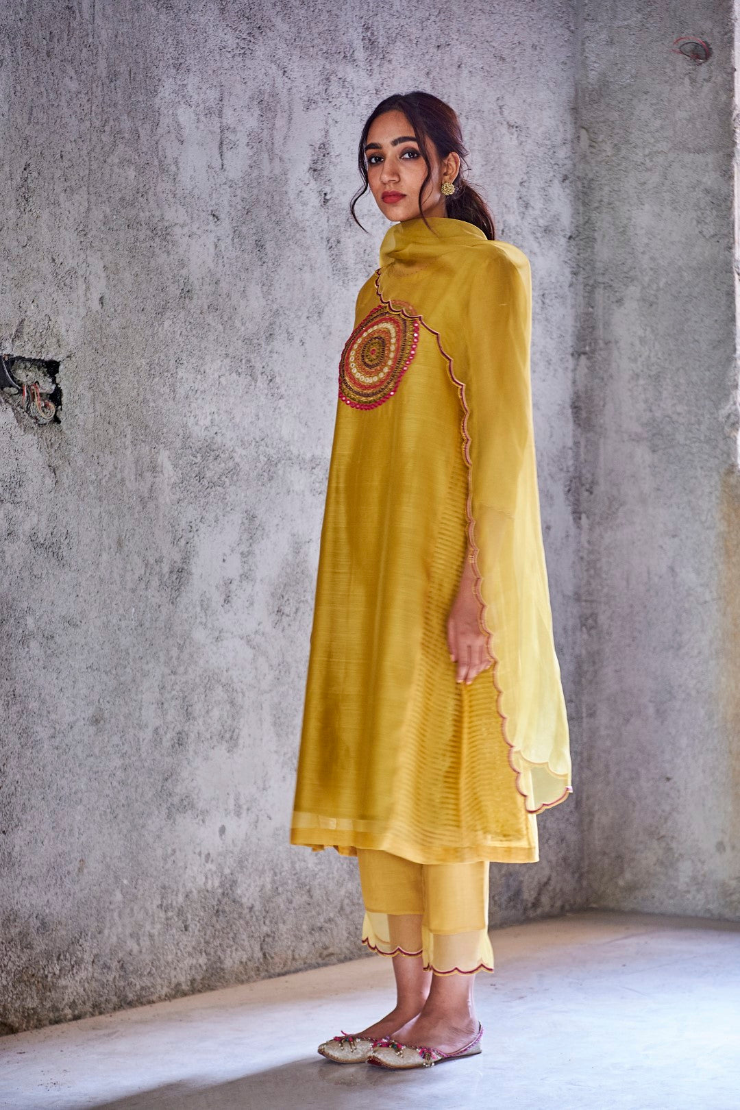 YELLOW MUSTARD HANDWOVEN CHANDERI EMBROIDERED PAVITRA KURTA WITH PANTS AND DUPATTA