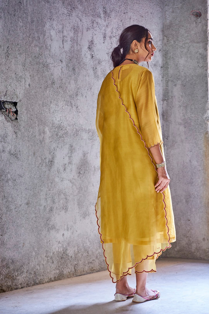 YELLOW MUSTARD HANDWOVEN CHANDERI EMBROIDERED PAVITRA KURTA WITH PANTS AND DUPATTA