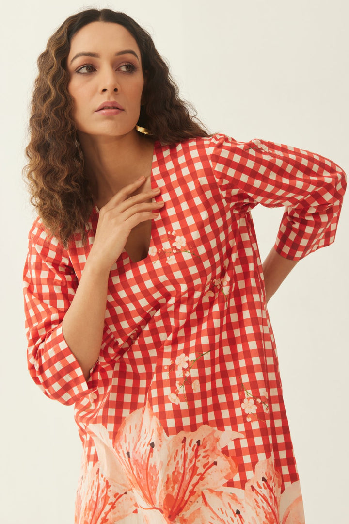 RED COTTON GINGHAM CHECKS AND FLORAL MIX CO-ORD SET