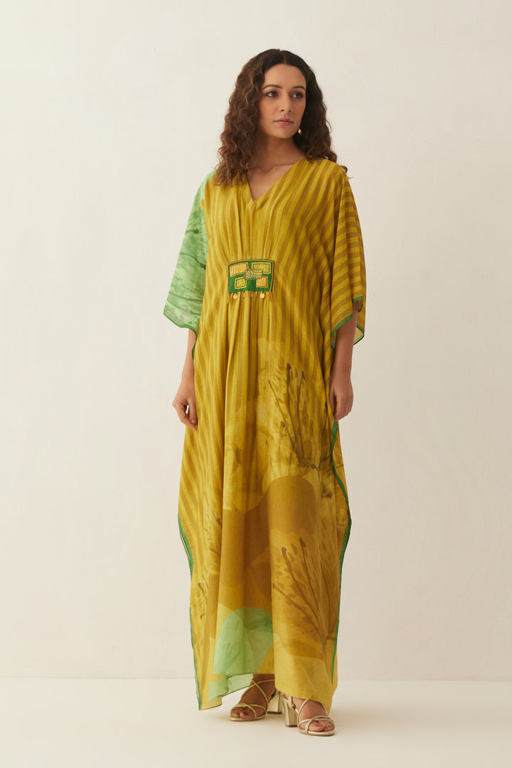 MUSTARD CHANDERI FLORAL MIX KAFTAN WITH BEAD WORK BROOCH