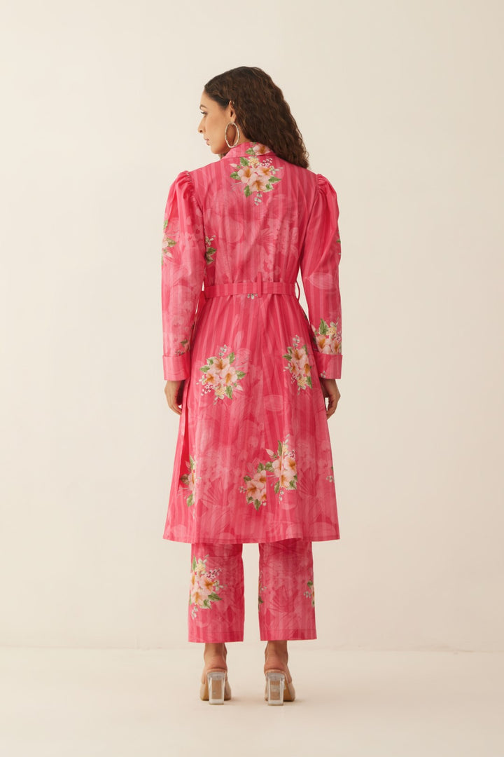 PINK COTTON FLORAL STRIPE LONG JACKET CO-ORD SET