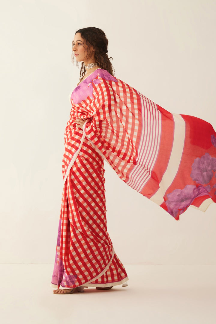 RED AND OFF WHITE GINGHAM CHECKS FLORAL MIX SILK SAREE WITH BLOUSE