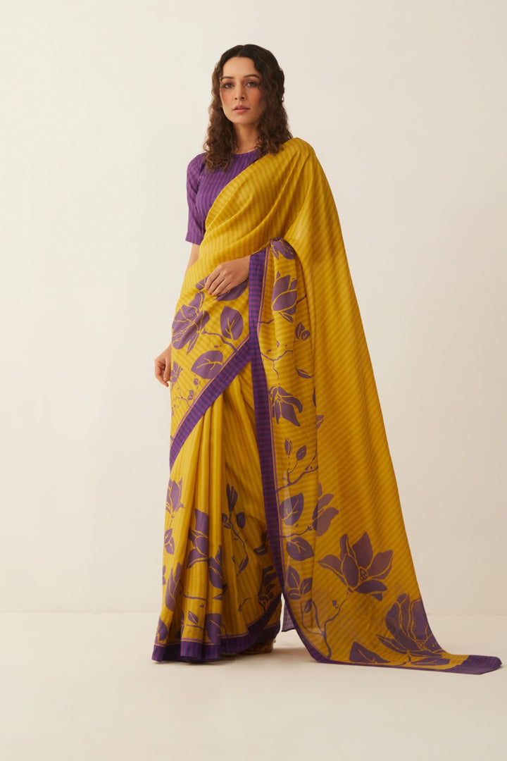 MUSTARD AND PURPLE MAGNOLIA FLORAL SILK SAREE WITH SILK BLOUSE