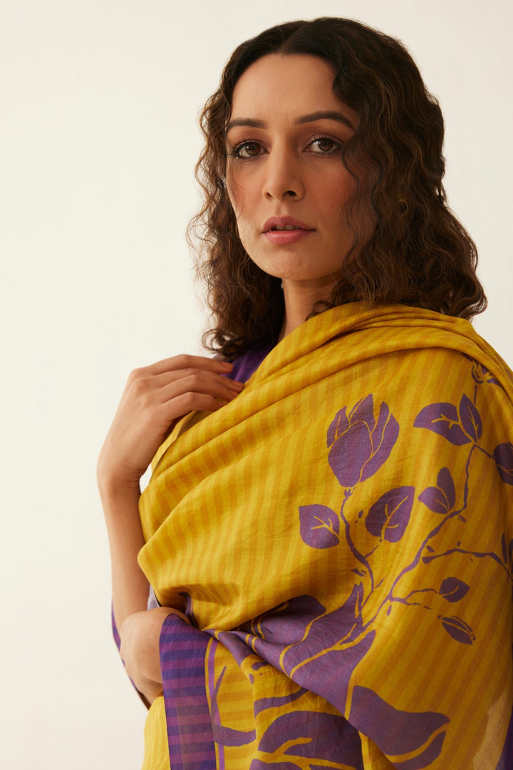 MUSTARD AND PURPLE MAGNOLIA FLORAL SILK SAREE WITH SILK BLOUSE