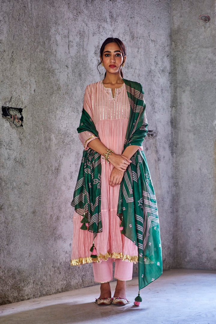 BABY PINK HANDWOVEN CHANDERI PADMANI ANARKALI WITH GOTA DETAILING