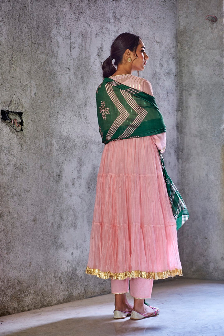 BABY PINK HANDWOVEN CHANDERI PADMANI ANARKALI WITH GOTA DETAILING