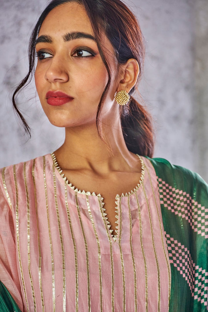 BABY PINK HANDWOVEN CHANDERI PADMANI ANARKALI WITH GOTA DETAILING