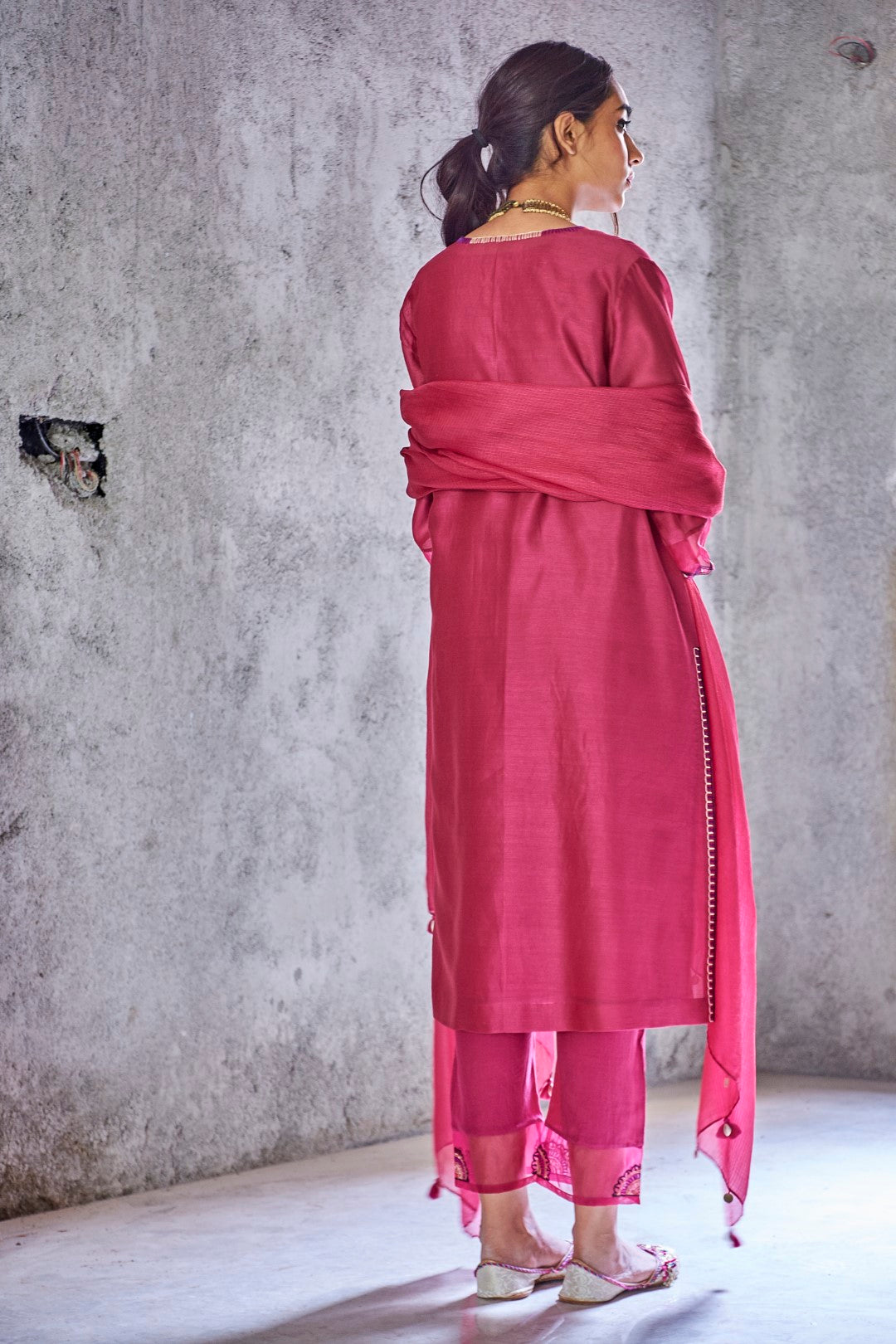 FALSA HANDWOVEN CHANDERI EMBROIDERED POORNIMA KURTA WITH PANT AND DUPATTA