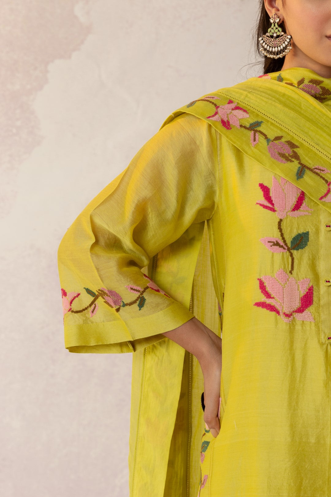 BAHAAR OLIVE FLORAL KALI KURTA SET