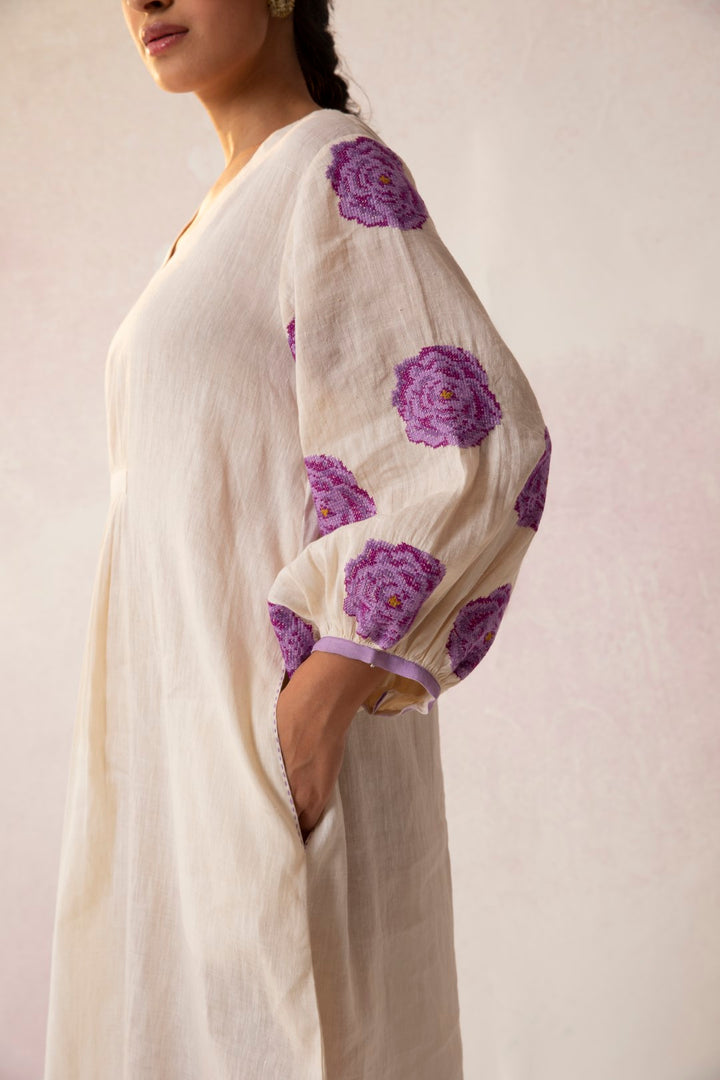 BAHAAR LILAC ROSE SLEEVES LINEN DRESS