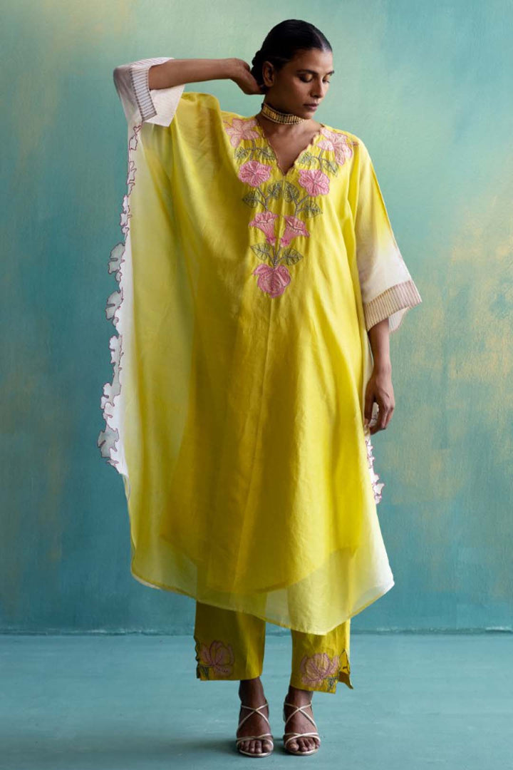 DIL-KASH YELLOW AND OFF-WHITE CHANDERI  V-NECK EMBROIDERY KAFTAAN WITH PANTS SET OF 2