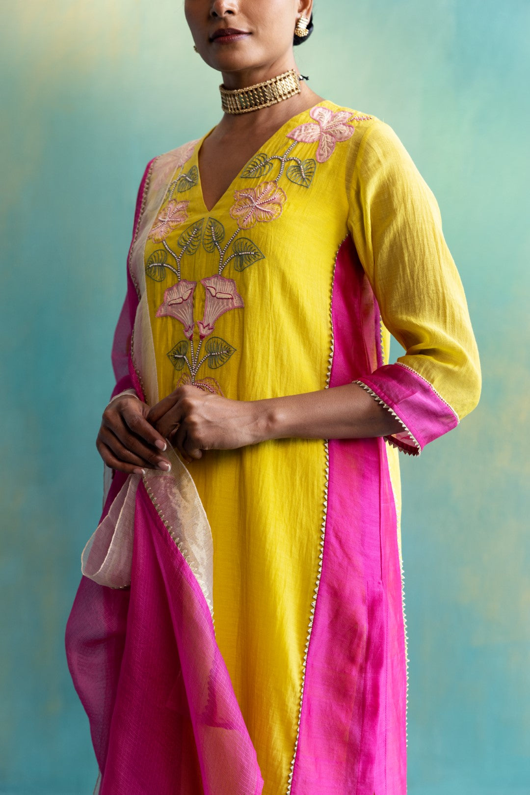 DIL-KASH YELLOW AND PINK COLOUR BLOCK CHANDERI V-NECK FLORAL EMBROIDERY KURTA