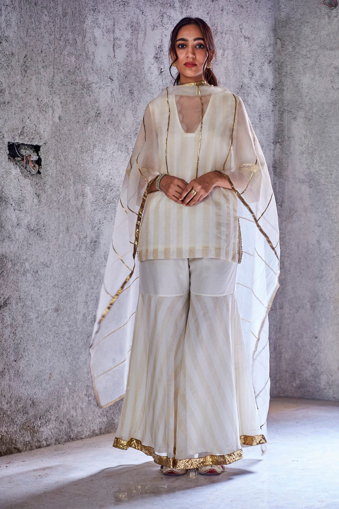 IVORY HANDWOVEN ZARI STRIPE CHANDERI MEERA KURTA WITH GHARARA AND DUPATTA