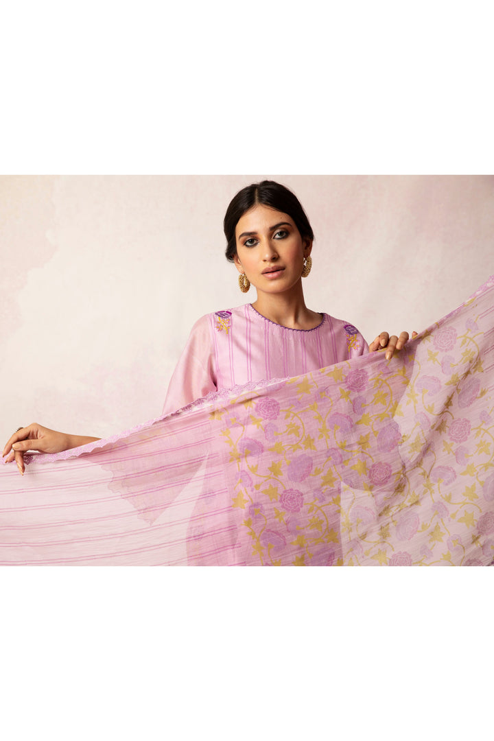 BAHAAR LILAC CHANDERI ROSE BLOCK PRINT DUPATTA