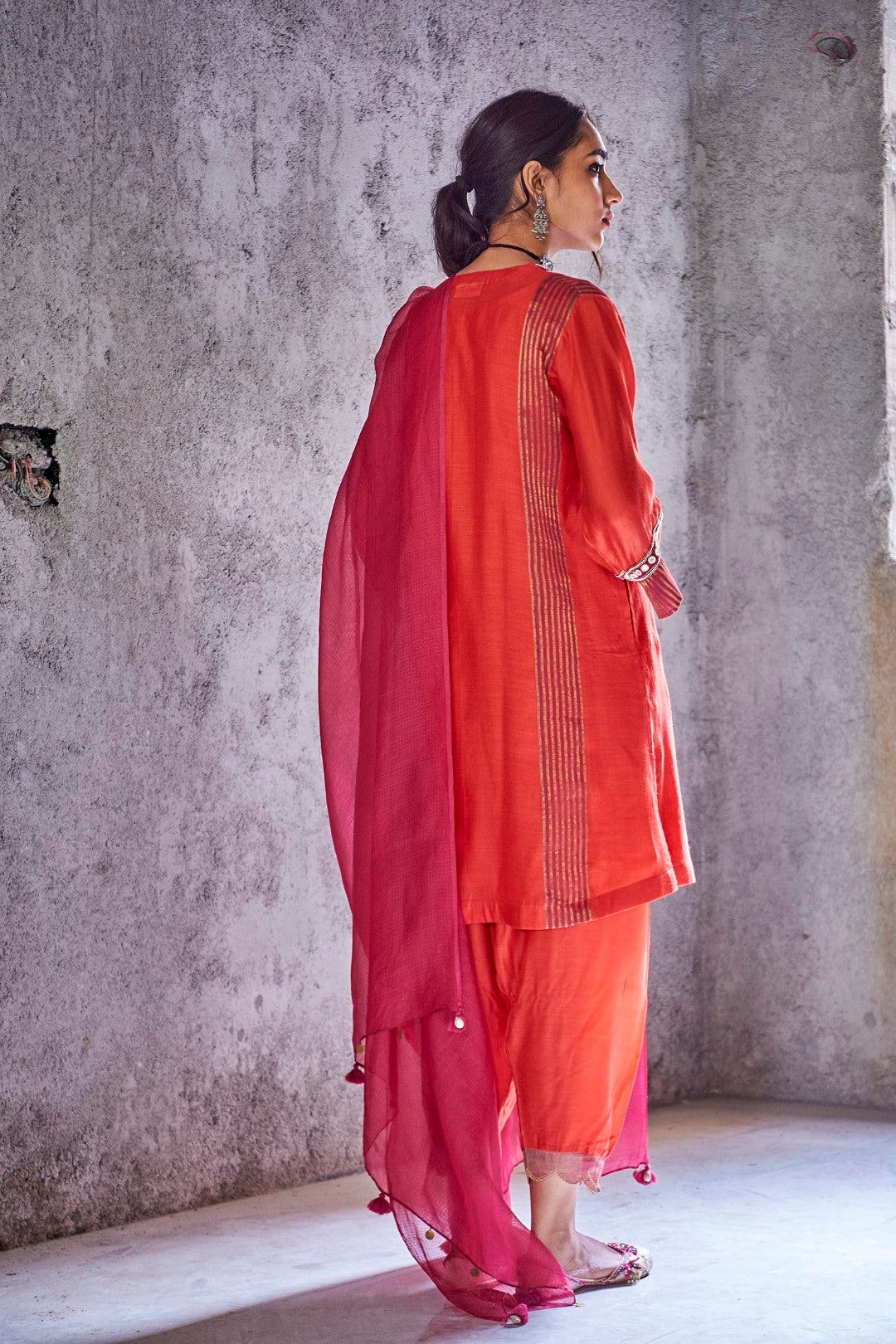 RED HANDWOVEN ZARI STRIPE EMBROIDERED LAXMI KURTA