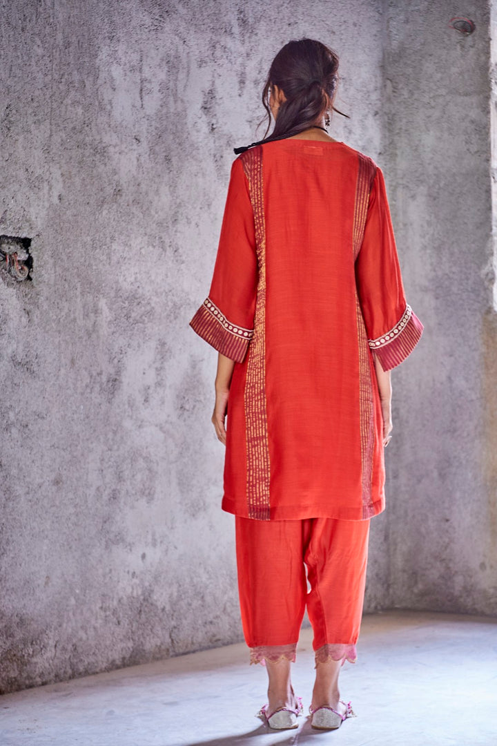 RED HANDWOVEN ZARI STRIPE EMBROIDERED LAXMI KURTA