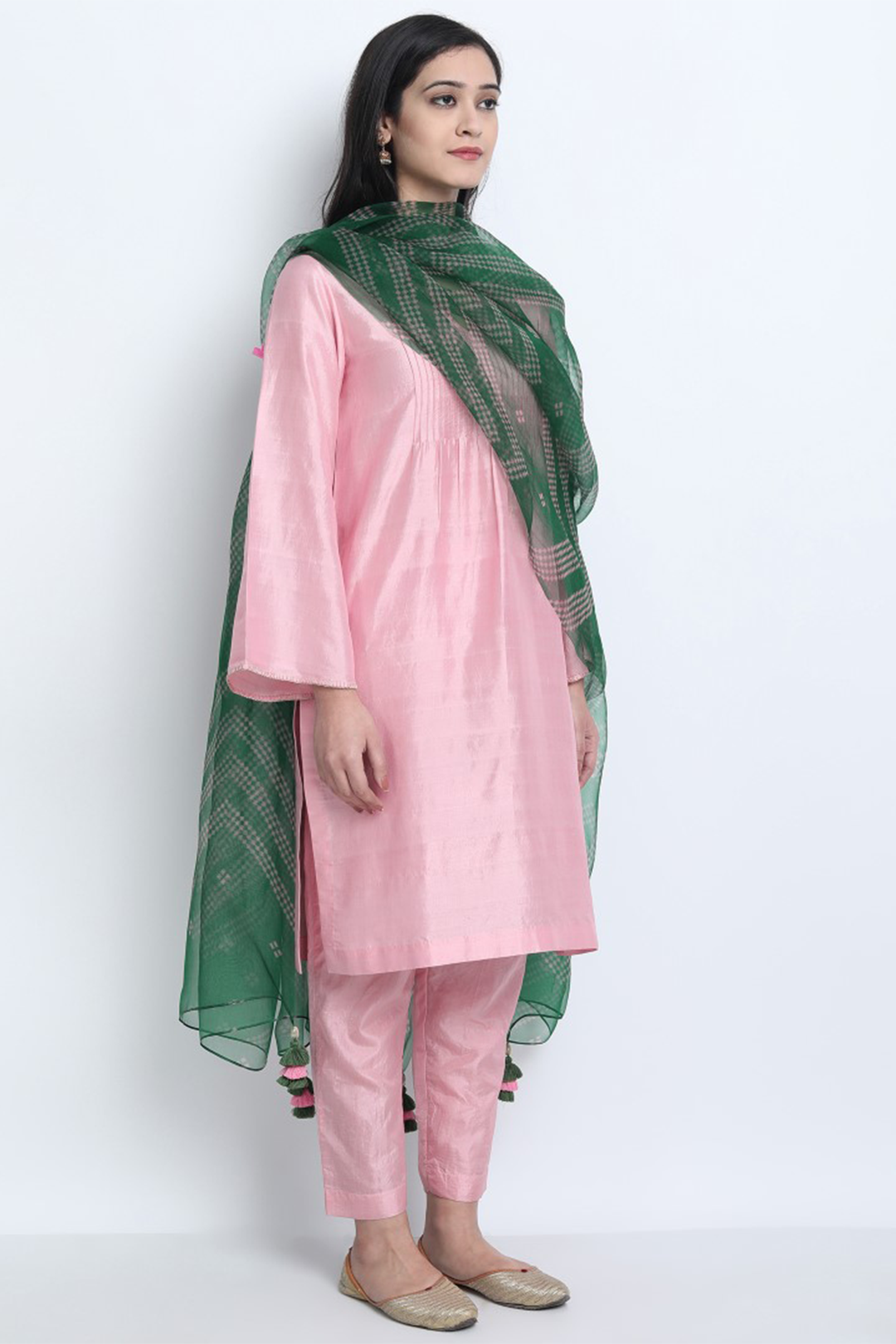 BABY PINK NATURAL SILK NUR KURTA WITH SILK PANTS AND ORGANZA DUPATTA