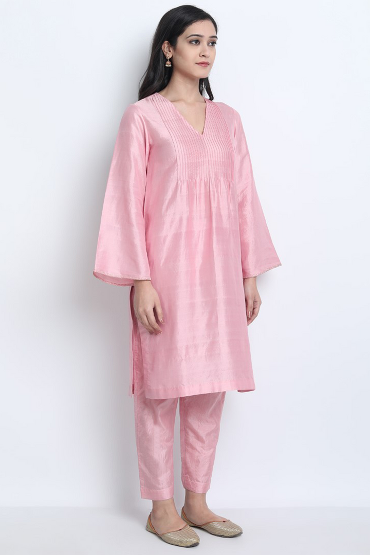 BABY PINK NATURAL SILK NUR KURTA WITH SILK PANTS AND ORGANZA DUPATTA