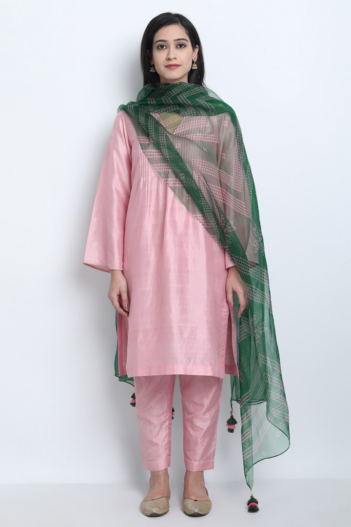 BABY PINK NATURAL SILK NUR KURTA WITH SILK PANTS AND ORGANZA DUPATTA