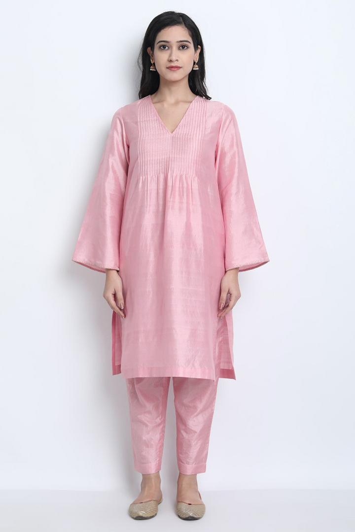 BABY PINK NATURAL SILK NUR KURTA WITH SILK PANTS AND ORGANZA DUPATTA